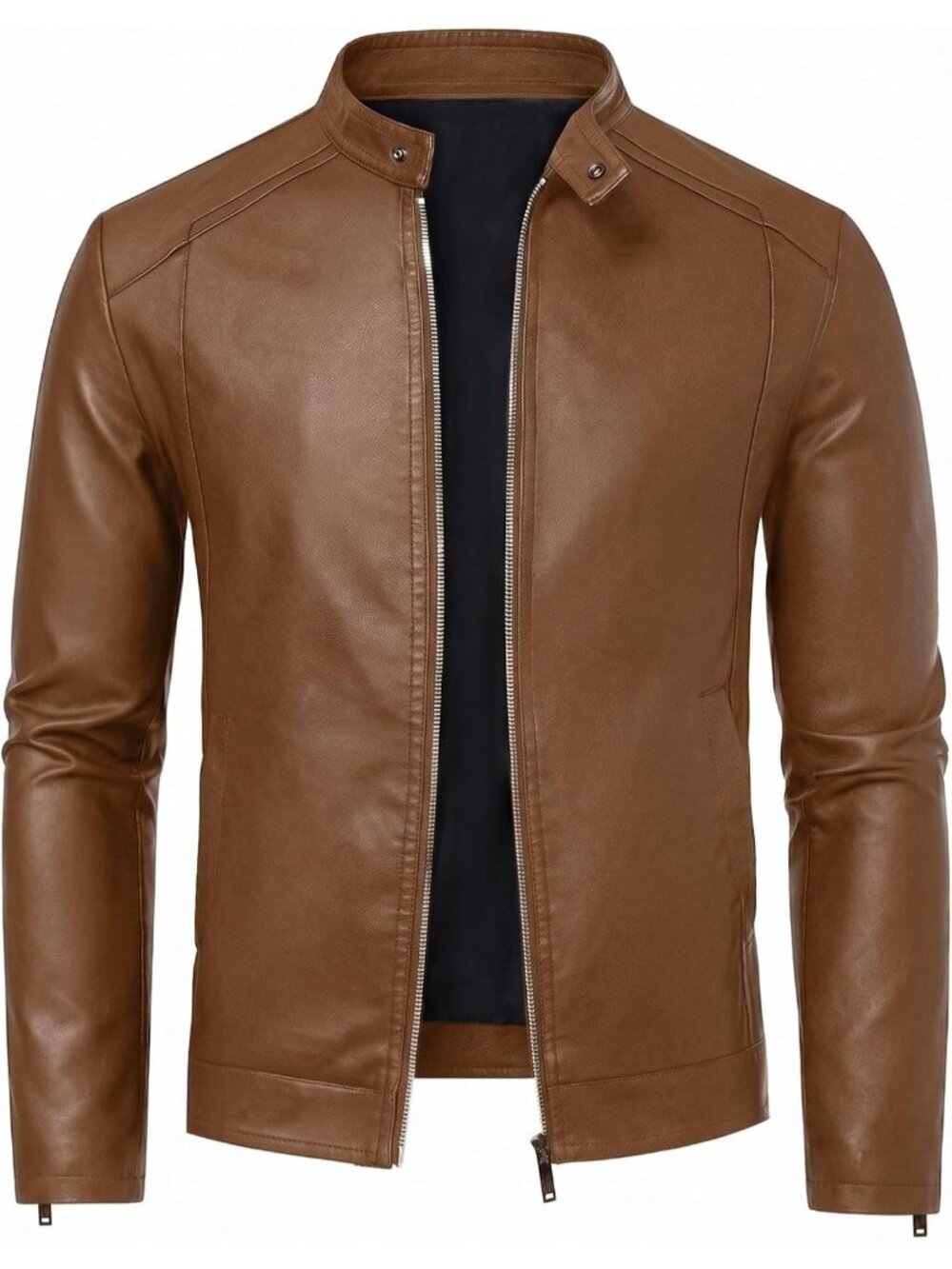 Men’s Brown Faux Leather Motorcycle Moto Biker Jacket Stand Collar Coat